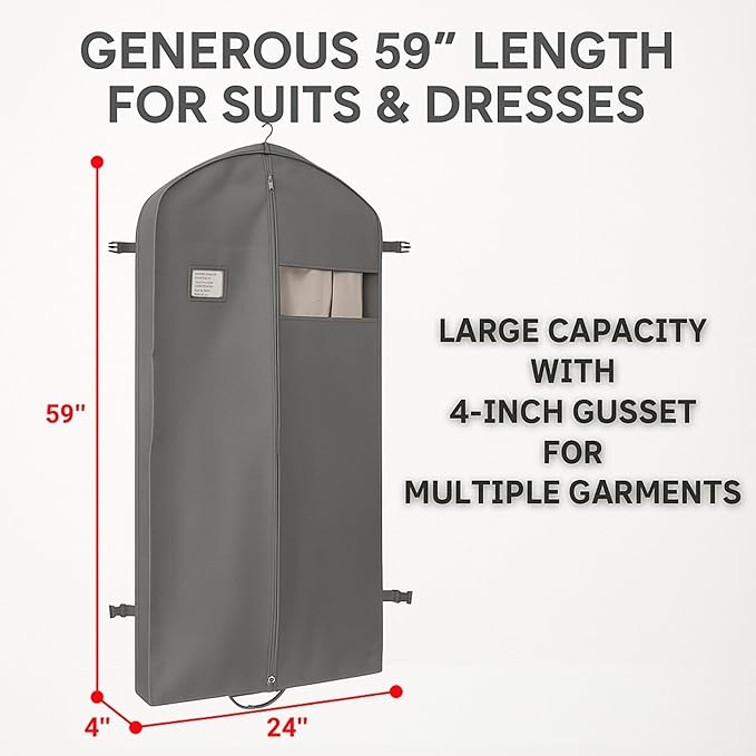 Party Bargains Garment Bag 59-Inch – Non-Woven Hanging Clothes Storage Cover for Suits, Dresses & Coats, Zippered for Closet or Travel (Gray)