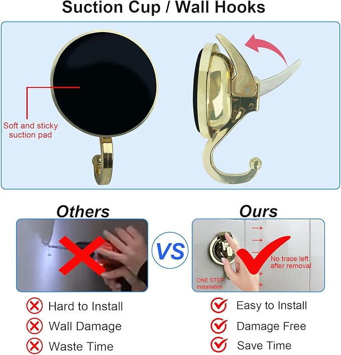 YSSILADI Heavy Duty Vacuum Suction Shower Hooks Glass Suction Cup Bathroom Robe Hooks, Reusable, No Hole Punched, for Garland Decoration (Gold, 6 Pack)