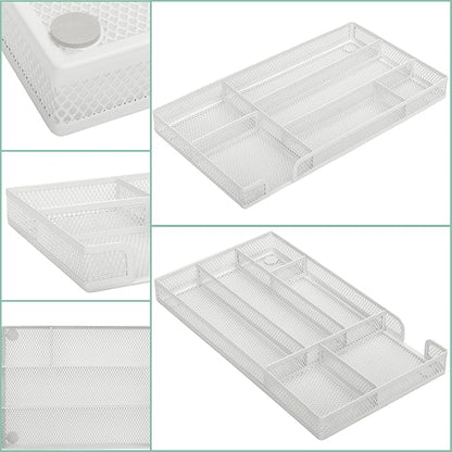 Annova Desk Drawer Organizer Tray for Office Organization - Metal Mesh - Storage Tray with Dividers for Pens, Desktop Accessories, Bathroom, Kitchen, Makeup and Office Supplies (Small, White)