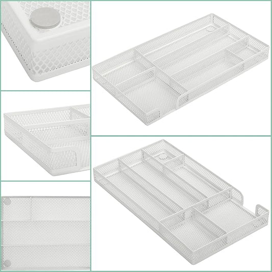 Annova Desk Drawer Organizer Tray for Office Organization - Metal Mesh - Storage Tray with Dividers for Pens, Desktop Accessories, Bathroom, Kitchen, Makeup and Office Supplies (Small, White)