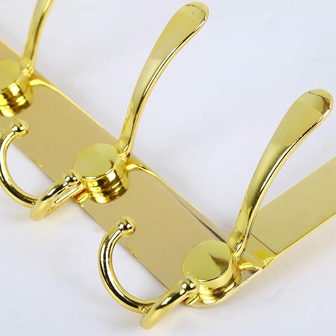 SKOLOO Over The Door Hook - for Doors up to 1-3/4'' Thickness, Pack of 2, Metal Door Hanger with 5 Triple Hooks, Over The Door Hanger for Coats, Hats,Towels, Gold, Assembly Required