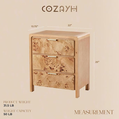 Burl Finish 3 Drawer Nightstand, Wood Rustic Farmhouse Dresser, Vintage Accent Storage Bedside Table for Bedroom Entryway, Fully Assembled, Natural