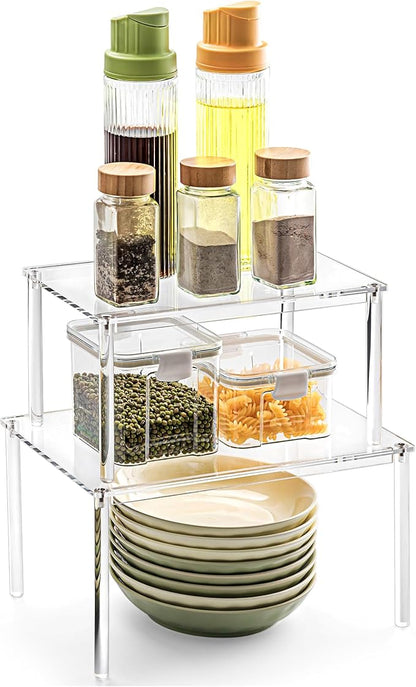 Acrylic Cabinet Organizer, Set of 2 Shelf Organizer, Spice Rack Organizer for Cabinet, Desk Countertop Organizer, Stackable Shelves for Pantry Kitchen Storage and Organization