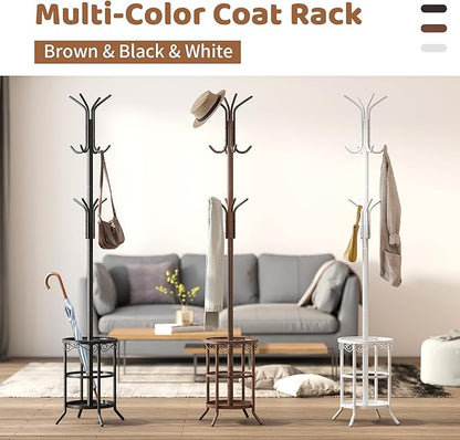 FILWH Coat Rack Freestanding with Umbrella Stand with 12 Hooks Metal Coat Tree Coat and Hat Hanger Jacket Entryway Coat Rack (White)