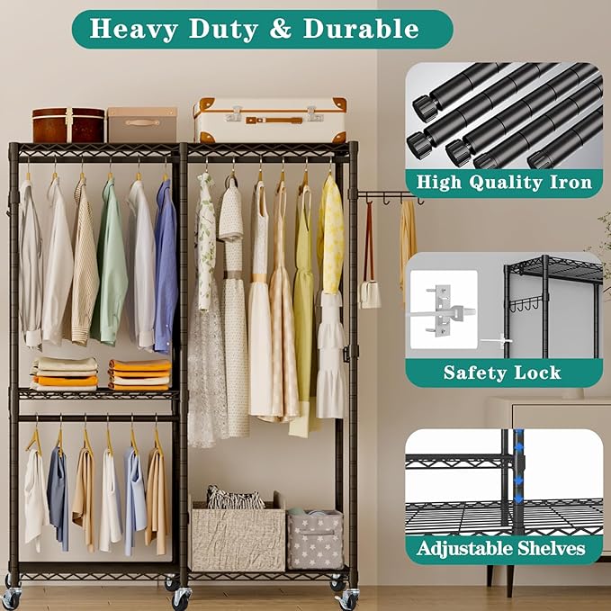 Heavy Duty Garment Rack, 3 Tiers Metal Adjustable Wire Shelves Closet Organizer and Storage Wardrobe Clothing Rack for Hanging Clothes with 2 Hanger Rods, Max Load 800LBS, Black