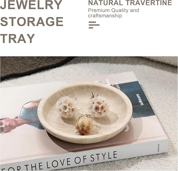Travertine Jewelry Dish Tray - Decorative Stone Catchall Bowl for Entryway Table, Keys & Rings Holder, Natural Marble Home Decor Organizer (5.5 Inch)