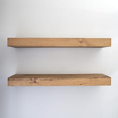 Urbandi Modern Floating Shelves 3 Inches Thick for Wall, Wide Shelves for Kitchen, Living Room, Bedroom, and Bathroom, Natural Pine Wood, Rustic Wooden Shelf, (Set of 2) (Aged Oak, 24Lx3Hx8D)