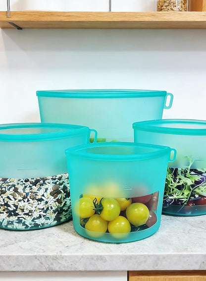 Reusable Silicone Food Storage Bags 4 Pack with 1 Snack, 2 Sandwich and 1 Half Gallon Bags, Multi-Use & Sous Vide Stand-Up Pouches for Soup and Leftovers, Microwave, Dishwasher and Freezer Safe