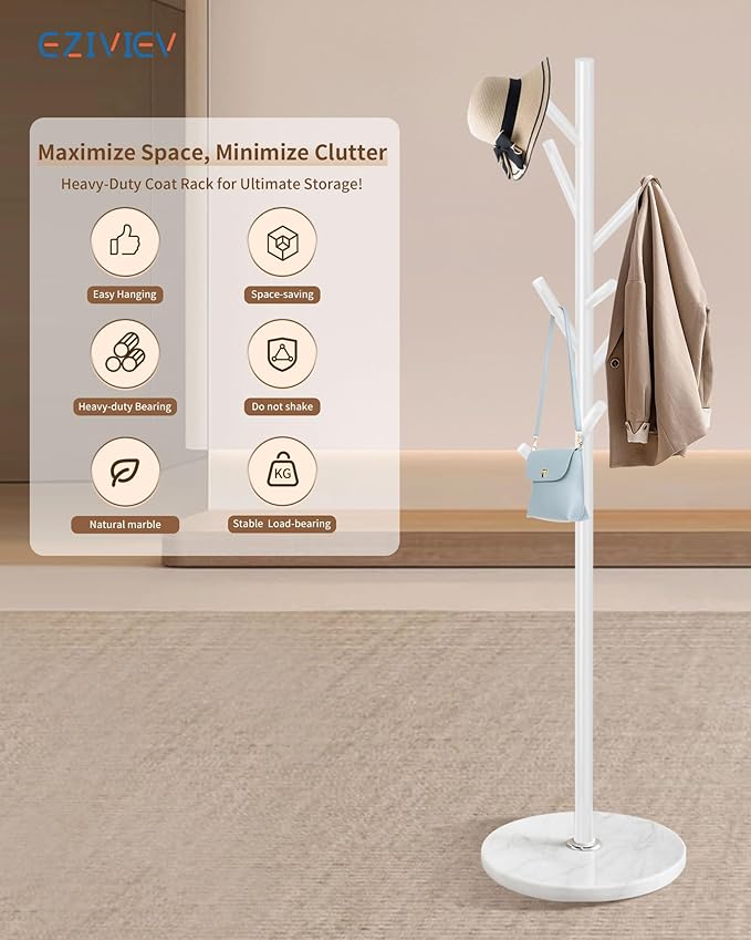 Modern Coat Rack Stand, Metal Freestanding Coat Rack with Natural Marble Base, White Coat Racks with 8 Hooks and Coat Hanger Tree Jacket Stand for Office, Entryway, Hallway