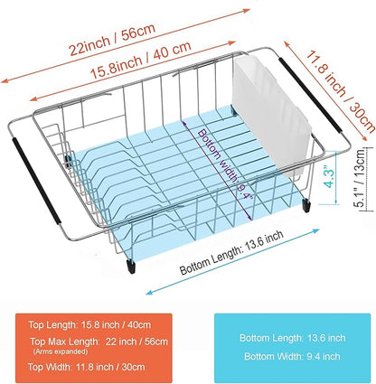 iPEGTOP Expandable Multifunctional Dish Drying Rack, Over The Sink, in Sink Or On Counter Dish Drainer Rack Organizer Shelf with White Utensil Silverware Holder, Rustproof Stainless Steel