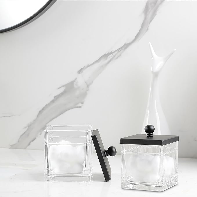 Indecor Home Glass Cotton Jar Holder 2 Pack– Matte Black Lid, Elegant Bathroom Storage Canister for Qtips, Cotton Balls, Floss, Makeup Organizer, Vanity & Bathroom Organization