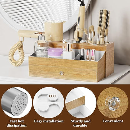 GFWARE Acrylic Hair Dryer Holder with Drawer, Bathroom Organizer Countertop Drawers with 3 Stainless Cups, Makeup Vanity Accessories, Hair Hot Tools Organizer, Toiletry, Wood