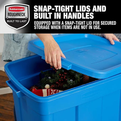 Rubbermaid Roughneck Tote 25 Gal, 4 Pack, Made in USA, Heritage Blue, Rugged Plastic Stackable Storage Bins with Lids and Handles