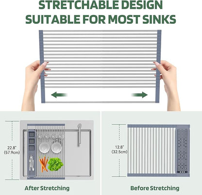 BBXTYLY Stainless Steel Extra Large Gray Drying Rack, Over The Sink, Expandable Roll Up Kitchen Drainer, Includes Removable Utensil Holder (13.6''-25.1'')