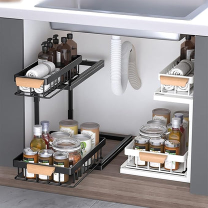 2-Tier Sliding Under Sink Organizer, L-shape Pull Out Cabinet Organizers, Multi-purpose Sink Storage Shelves, Metal Mesh Drawer Organizer for Bathroom Kitchen (Black, Pull-Down Style)