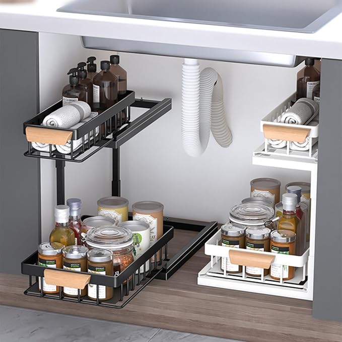 2-Tier Sliding Under Sink Organizer, L-shape Pull Out Cabinet Organizers, Multi-purpose Sink Storage Shelves, Metal Mesh Drawer Organizer for Bathroom Kitchen (Black, Pull-Up & Down Style)