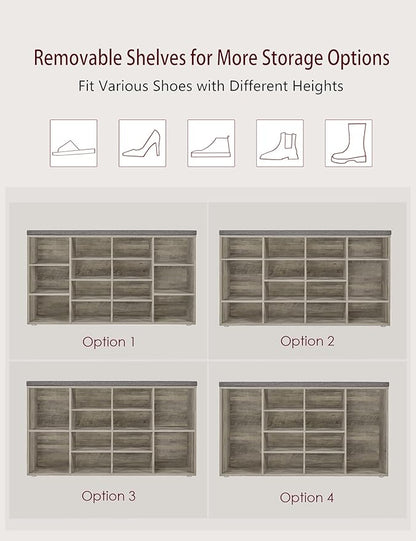 DINZI LVJ Shoe Storage Bench with Cushion, 14-Cubby Shoe Rack, Adjustable Shelves, Multifunctional Shoe Organizer Bench for Entryway, Mudroom, Hallway, Living Room, Bedroom and Garage, Gray Wash