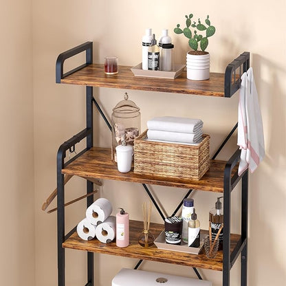 Huhote Over The Toilet Storage Rack with 3-Tier Bathroom Shelves, Space Saver Toilet Shelf, Bathroom Storage Organizer with Hooks for Over Toilet Storage and Shelf (Rustic Brown)