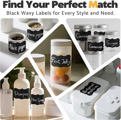 180Pcs Chalkboard Labels for Jars, Waterproof Reusable Blackboard Stickers with 1 Liquid Chalk Markers, Organization Labels Removable (Black, Wavy)