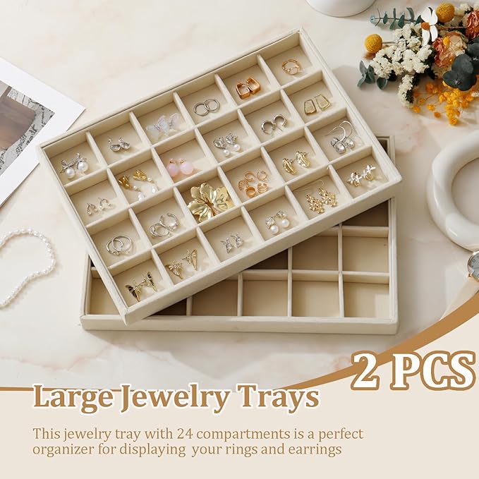 KATISYIO Large Velvet Jewelry Tray 2 Pack Stackable Jewelry Display Drawer Inserts Trays Organizer for Earring Bracelet Necklace Ring (Beige, 24 Grids)