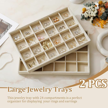 KATISYIO Large Velvet Jewelry Tray 2 Pack Stackable Jewelry Display Drawer Inserts Trays Organizer for Earring Bracelet Necklace Ring (Beige, 24 Grids)