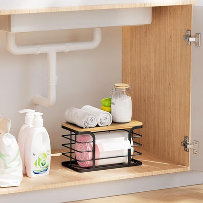 Small Trash Bag Holder,Wall Mount Grocery Bag Holder with Bamboo Top,Suitable for Garbage Bags of 100 Rolls under 13 Gallons,Black