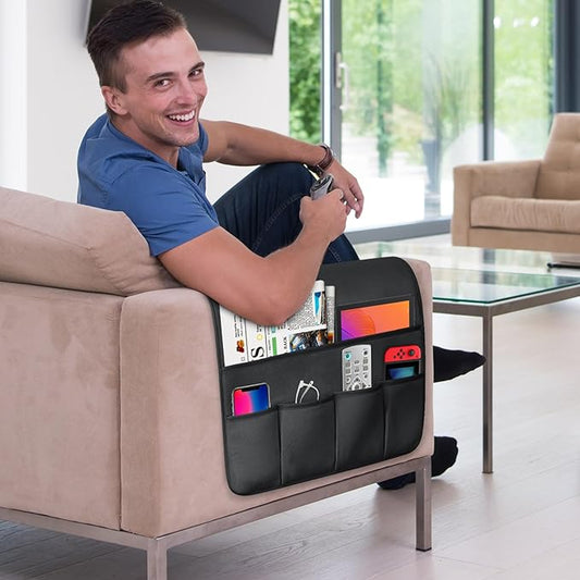 WETRBWEH TV Remote Control Holder Couch Caddy, Non-slip Bedside Caddy Organizer with 5 Pockets for Key Glasses Phone Magazine Holders (Black, 35''x18'')