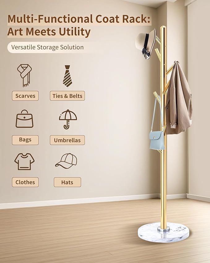 Modern Coat Rack Stand, Metal Freestanding Coat Rack with Natural Marble Base, Golden Coat Racks with 8 Hooks and Coat Hanger Tree Jacket Stand for Office, Entryway, Hallway