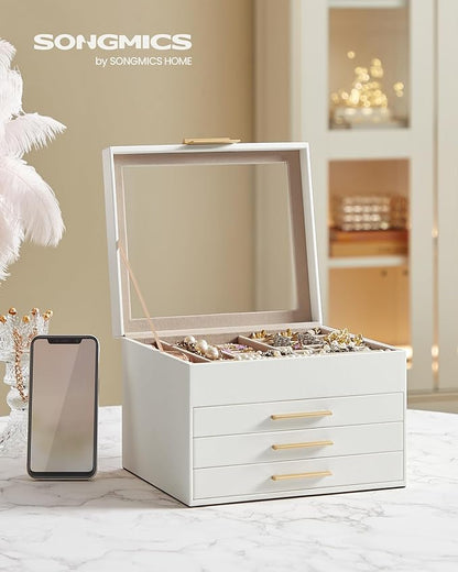 SONGMICS Jewelry Box Organizer with Glass Lid, 4-Layer Jewelry Storage, with 3 Drawers, Modern Style, 8 x 9.1 x 6.5 Inches, Cloud White and Gold Color UJBC173W01