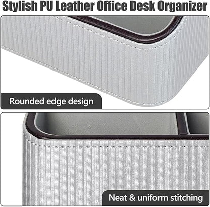 ACUDUDOMA PU Leather Remote Control Organizer Holder, 4-Compartment Small Desk Organizer, All-in-One Desk & Nightstand Caddy for Remotes, Phones, Glasses & Office Accessories