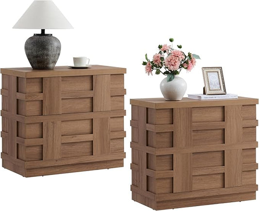 VividVibe Night Stand, Nightstand with Drawers, Bedside Table Large 3D Woven Texture Side Table Bedroom Home Office, End Table Mid Century Modern Accent Wooden Night Stand Set 2 Brown Oak