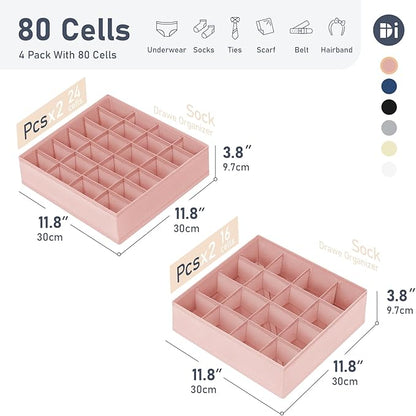 Joyoldelf Sock Drawer Organizer Divider 4 Packs Underwear Organizer, 2 x 24 Cell + 2 x 16 Cell Closet Organizers and Storage Sock Holders for Storing Socks, Handkerchiefs, Ties, Belts (Pink)