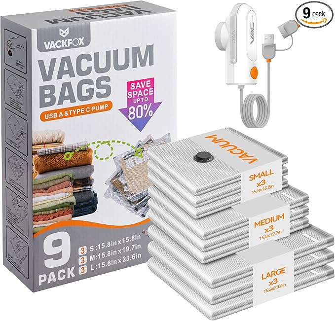 VACKFOX Travel Vacuum Storage Bags with USB and TYPE C Pump, 9 Pack Carry-On Size Compression Packing Bags for Luggage and Suitcase, Space Saver for Clothes and Clothing Travel（Grey）