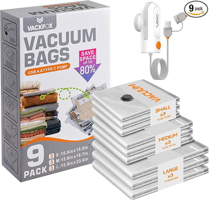 VACKFOX Travel Vacuum Storage Bags with USB and TYPE C Pump, 9 Pack Carry-On Size Compression Packing Bags for Luggage and Suitcase, Space Saver for Clothes and Clothing Travel（Grey）