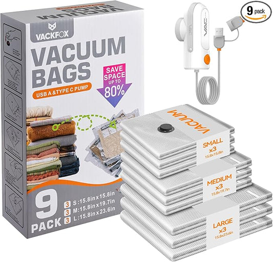 VACKFOX Travel Vacuum Storage Bags with USB and TYPE C Pump, 9 Pack Carry-On Size Compression Packing Bags for Luggage and Suitcase, Space Saver for Clothes and Clothing Travel（Grey）