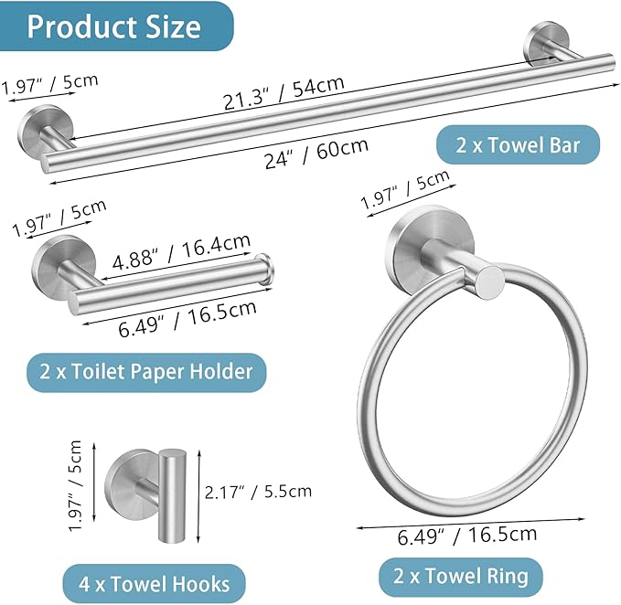 Newfun 10-Pieces 24 Inch Brushed Nickel Bathroom Hardware Set, Includes 24 Inch Towel Racks for Bathroom Wall Mounted, Toilet Paper Holder, Towel Hooks for Bathrooms, Towel Rings for Bathroom Wall