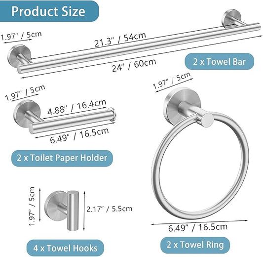 Newfun 10-Pieces 24 Inch Brushed Nickel Bathroom Hardware Set, Includes 24 Inch Towel Racks for Bathroom Wall Mounted, Toilet Paper Holder, Towel Hooks for Bathrooms, Towel Rings for Bathroom Wall
