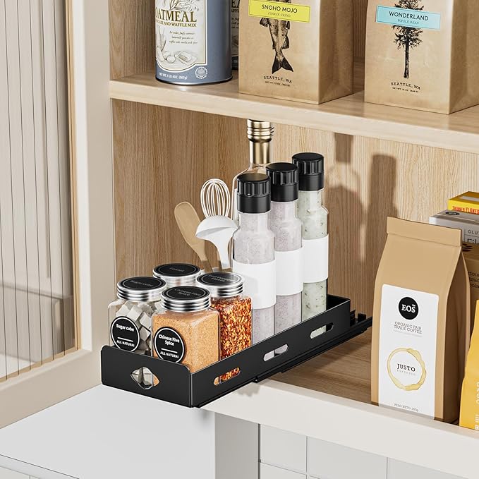 Pull Out Spice Rack Organizer for Cabinet, Heavy Duty Spice Organizer for Cabinet, Vertical Spice Rack for Kitchen, Cabinet, Pantry, Cupboard (4.2''Wx10.5''Dx2.8''H, Metal Black)