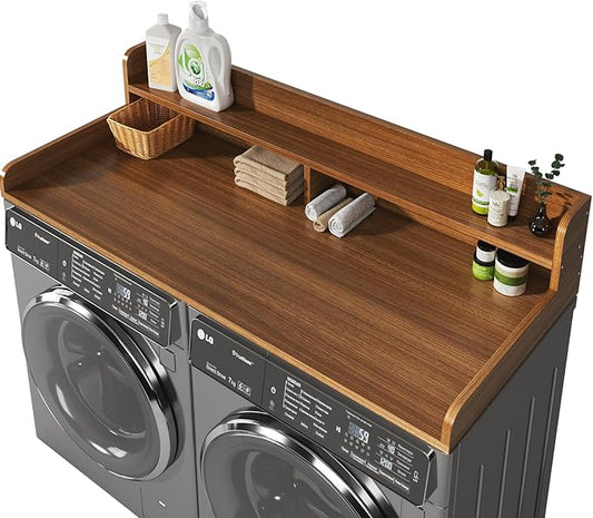 2-Tier Washer and Dryer Countertop with 2.75" H Guard,58" W x 28" D Laundry Countertop Cover with Non-Slip Pad,Large Space Laundry Topper for Folding Clothes Over Washer and Dryer-Brown