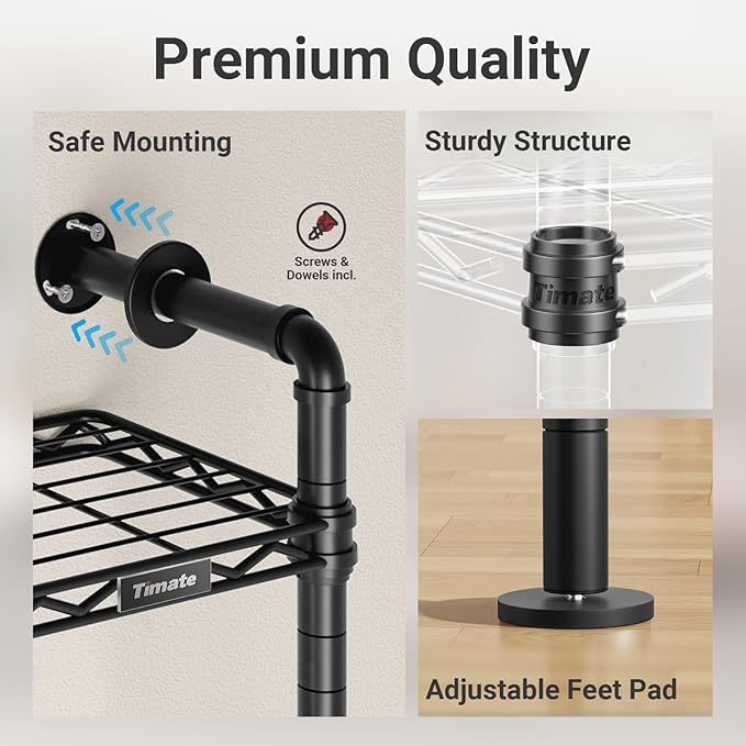Timate X3 Expandable Heavy Duty Clothes Rack Wall Mounted Clothing Rack for Hanging Clothes, Industrial Pipe Closet System for Walk in Closet Kit Wall Mount Clothes Rack with Basket, Black Wall Closet