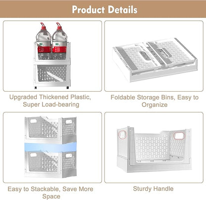 Stackable Plastic Storage Basket, 3 Pack Foldable Closet Organizers and Storage Bins with Wheels, Collapsible Drawer Shelf Storage Box Container for Office Bedroom Closet Wardrobe Kitchen Bathroom