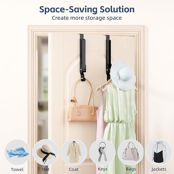 WLCSNG 4 Pack Over The Door Hanger Foldable Over The Door Hooks，Rust-Resistant Overdoor Hanger Hook for Laundry (Clothes Drying Rack)&Bathroom (Towel Rack) Small Portable, Black