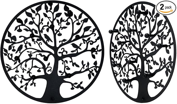 Round Decorative Home Key Holder Wall Mount, 2 Pack Metal Tree Car Key Rack for Wall Organizer for Keys, Wallets, Hats, Used for Decor for House Entryway, Kitchen, Garage, Office (12" Black)