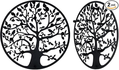 Round Decorative Home Key Holder Wall Mount, 2 Pack Metal Tree Car Key Rack for Wall Organizer for Keys, Wallets, Hats, Used for Decor for House Entryway, Kitchen, Garage, Office (12" Black)
