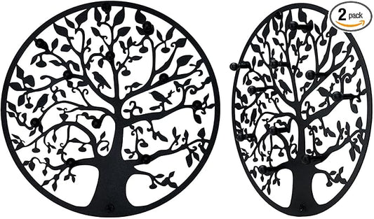 Round Decorative Home Key Holder Wall Mount, 2 Pack Metal Tree Car Key Rack for Wall Organizer for Keys, Wallets, Hats, Used for Decor for House Entryway, Kitchen, Garage, Office (12" Black)