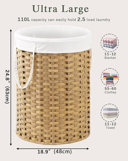 Laundry Basket Round Rattan Laundry Hamper 29.1 Gal(110 L)Handwoven Large Wicker Basket with Handles, Wicker Hamper with Removable Bags and 2 Mesh Bags for Bathroom Living Room Natural(No Lid)