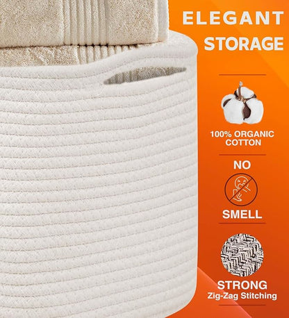 CHAT BLANC Cotton Rope Baskets for Organizing | Storage Baskets for Shelves | Rope Basket for Storage, Small Laundry Baskets, Woven Baskets for Storage, Dog Toy Bin, Baby Basket, Creamy White 3 Pack