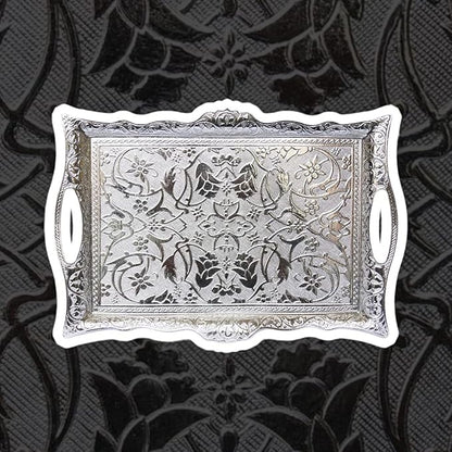 Alisveristime Ottoman Turkish Zamak Serving Tray with Traditional Motifs, Ideal for Coffee and Tea - Six Person Tray (14.5 x 9.85 in) (Silver)