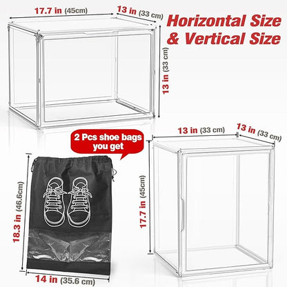 DAYOOH XXX-Large Acrylic Display Case, Clear Shoe Storage Boxes Stackable Shoe Organizer with 2 Shoe Bags Boots Shoe Rack for Closet Sneaker Handbag Collectibles Organizer with Magnetic Door, 1 Pack