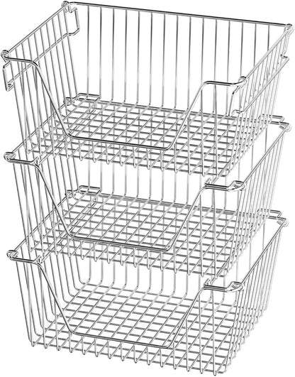 SANNO 14" Stacking Baskets Large Wire Baskets Organizer, Cabinet Storage Metal Baskets Organizer Sturdy Metal Wire Pantry Freezer Bin